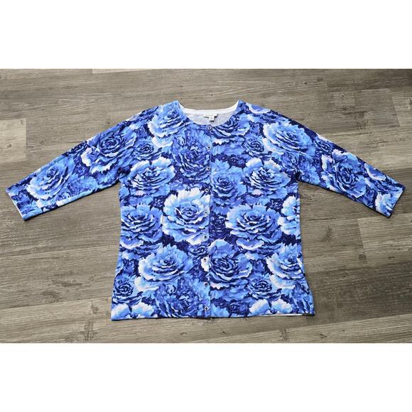 Isaac Mizrahi Live! Blue & White Floral Print Button Front Cardigan - Picture 9 of 9